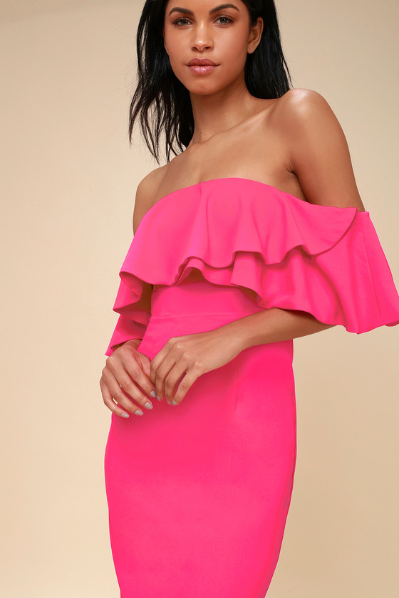 Cute Hot Pink Dress - Off-the-Shoulder ...